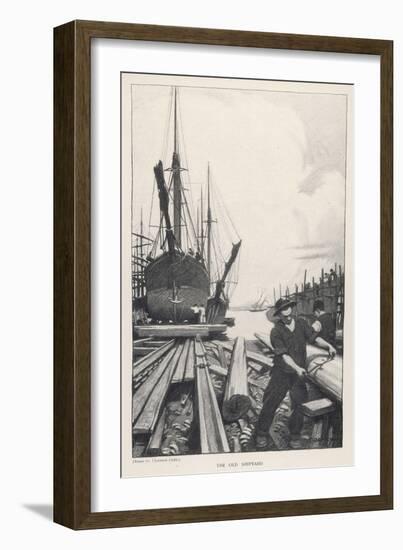 "The Old Shipyard", a Carpenter Shapes the Timbers of a Sailing Vessel-Thornton Oakley-Framed Art Print