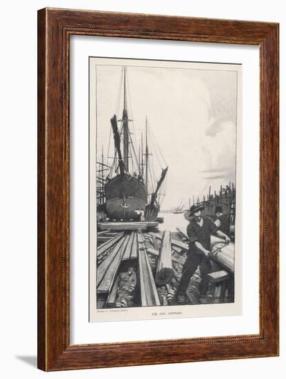 "The Old Shipyard", a Carpenter Shapes the Timbers of a Sailing Vessel-Thornton Oakley-Framed Art Print