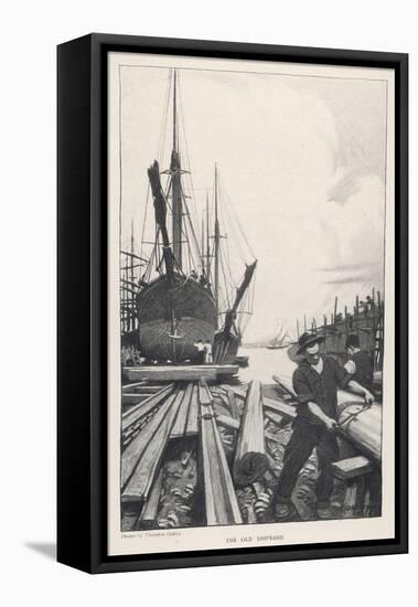 "The Old Shipyard", a Carpenter Shapes the Timbers of a Sailing Vessel-Thornton Oakley-Framed Stretched Canvas