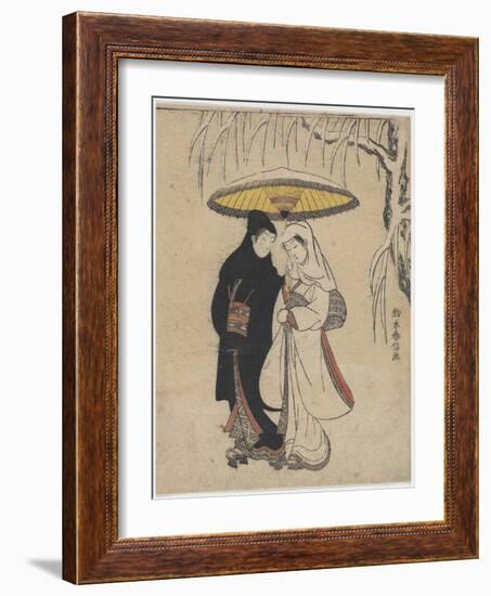 The Oriental Arts : Young Lovers Walking Together under an Umbrella in a Snow Storm Par Harunobu, S-Suzuki Harunobu-Framed Giclee Print