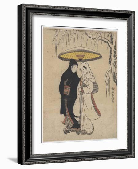 The Oriental Arts : Young Lovers Walking Together under an Umbrella in a Snow Storm Par Harunobu, S-Suzuki Harunobu-Framed Giclee Print