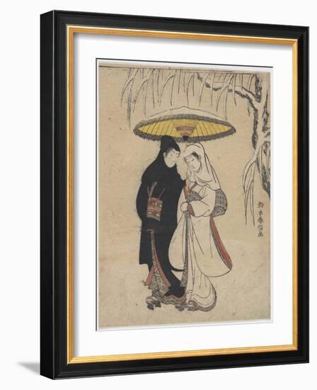 The Oriental Arts : Young Lovers Walking Together under an Umbrella in a Snow Storm Par Harunobu, S-Suzuki Harunobu-Framed Giclee Print