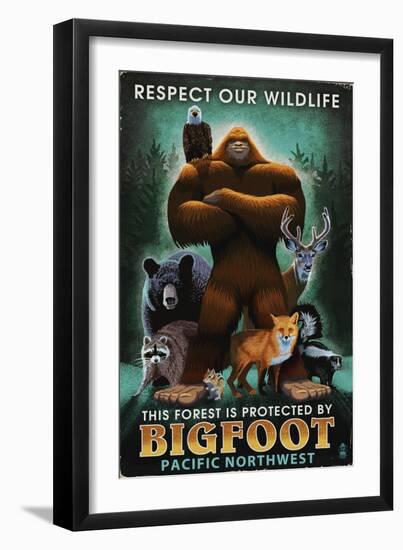 The Pacific Northwest - Respect Our Wildlife - Bigfoot-Lantern Press-Framed Art Print