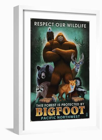 The Pacific Northwest - Respect Our Wildlife - Bigfoot-Lantern Press-Framed Art Print