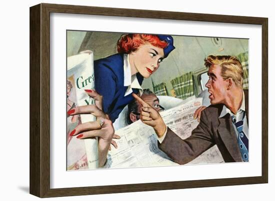 The Passenger Hated Redheads  - Saturday Evening Post "Leading Ladies", August 13, 1949 pg.24-Joe deMers-Framed Giclee Print