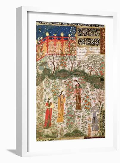 The Persian Prince Humay Meeting the Chinese Princess Humayun in a Garden, circa 1450-null-Framed Giclee Print