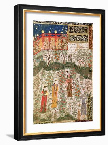 The Persian Prince Humay Meeting the Chinese Princess Humayun in a Garden, circa 1450-null-Framed Giclee Print