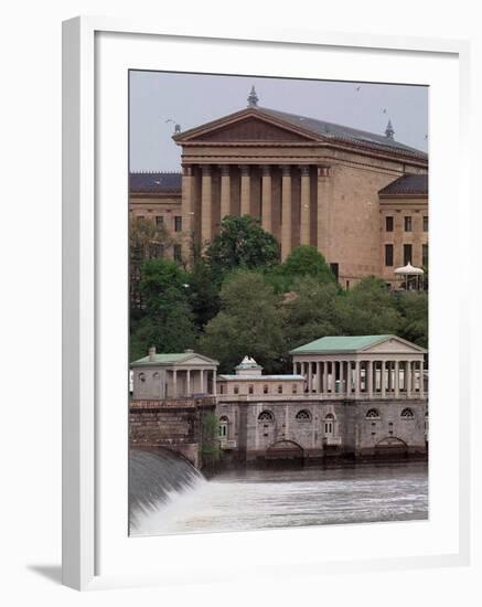 The Philadelphia Museum of Art Looms Above the Fairmount Water Works--Framed Photographic Print