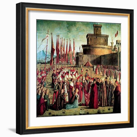 The Pilgrims are Met by Pope Cyriacus in Front of the Walls of Rome, 1497-null-Framed Giclee Print