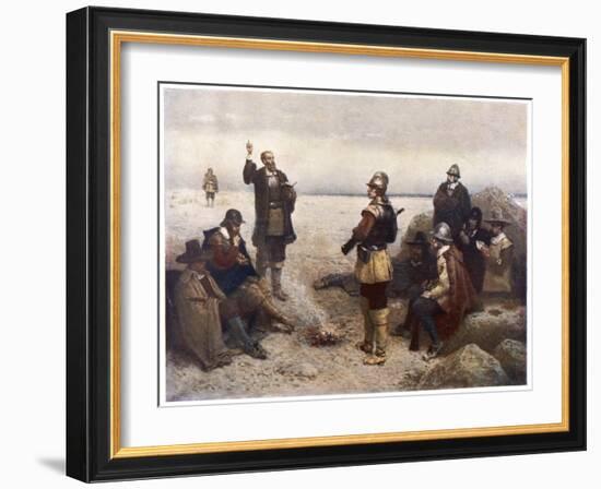 The "Pilgrims" Give Thanks to God for Their Safe Voyage after Landing in New England-G.h. Boughton-Framed Art Print