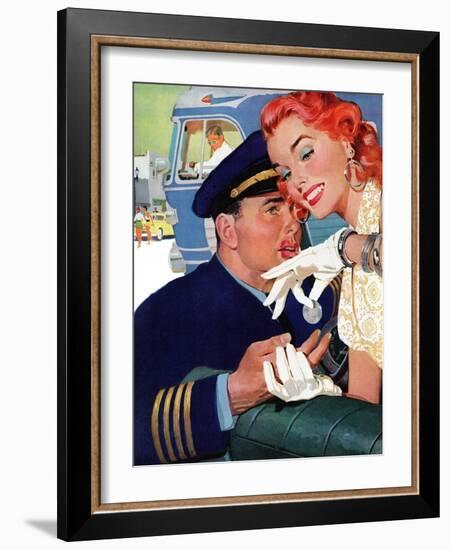 The Pilot Hated Stewardesses - Saturday Evening Post "Leading Ladies", May 15, 1954 pg.36-Robert Meyers-Framed Giclee Print