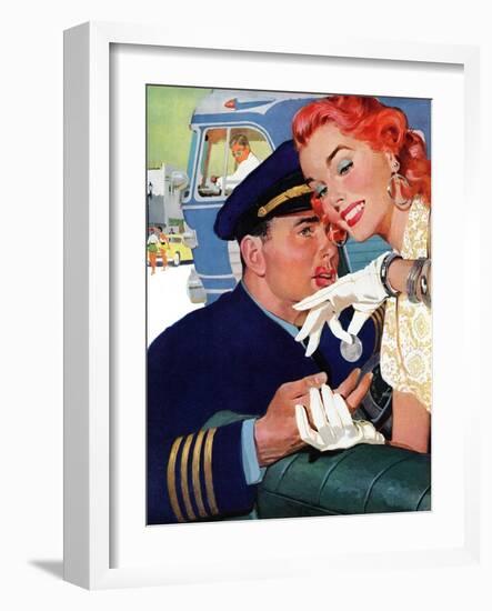 The Pilot Hated Stewardesses - Saturday Evening Post "Leading Ladies", May 15, 1954 pg.36-Robert Meyers-Framed Giclee Print