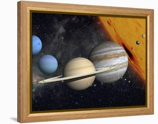 The Planets and Larger Moons to Scale with the Sun-Stocktrek Images-Framed Premier Image Canvas