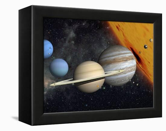 The Planets and Larger Moons to Scale with the Sun-Stocktrek Images-Framed Premier Image Canvas