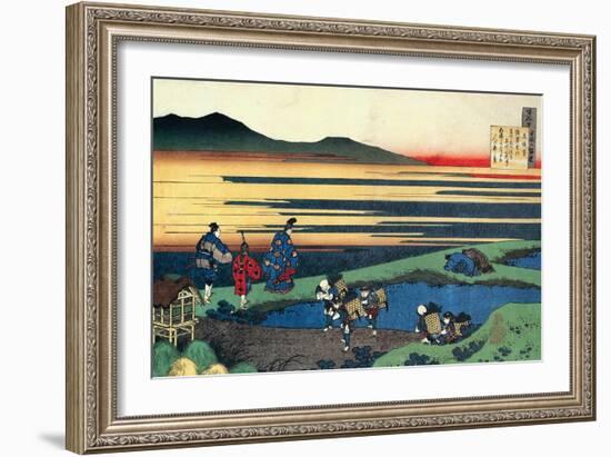 The poet walks across a narrow bank.-Katsushika Hokusai-Framed Giclee Print