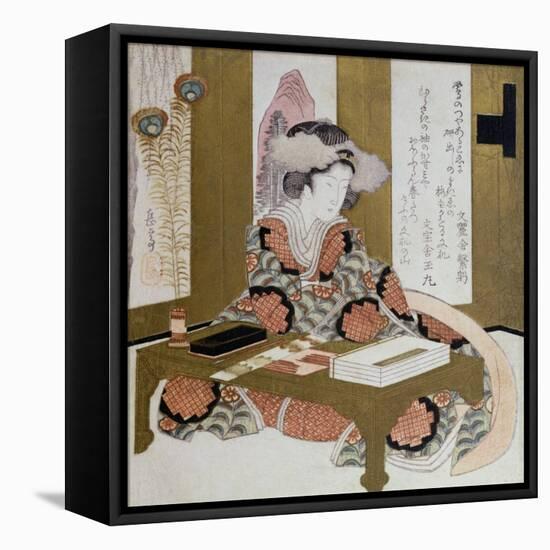 The Poetess, Bijin, at Her Calligraphy Table-Yashima Gakutei-Framed Premier Image Canvas