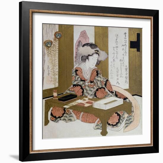 The Poetess, Bijin, at Her Calligraphy Table-Yashima Gakutei-Framed Giclee Print