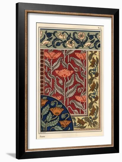 The poppy, Papaver somniferum, in stained glass, wallpaper, fabric and tile patterns.-null-Framed Giclee Print