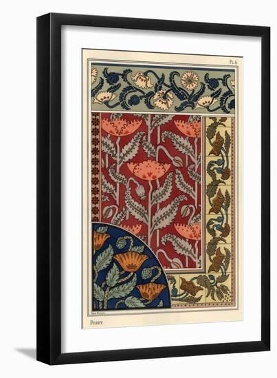 The poppy, Papaver somniferum, in stained glass, wallpaper, fabric and tile patterns.-null-Framed Giclee Print