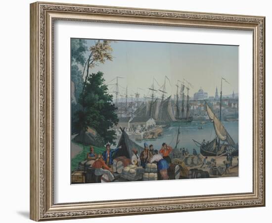 The Port of Boston in the United States of America, Painted Wallpaper, Made by Zuber at Mulhouse-null-Framed Giclee Print