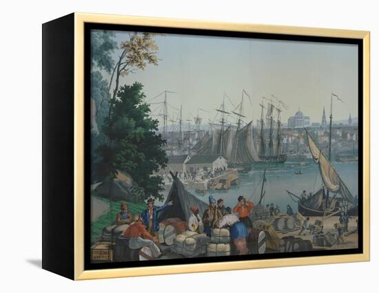 The Port of Boston in the United States of America, Painted Wallpaper, Made by Zuber at Mulhouse-null-Framed Premier Image Canvas