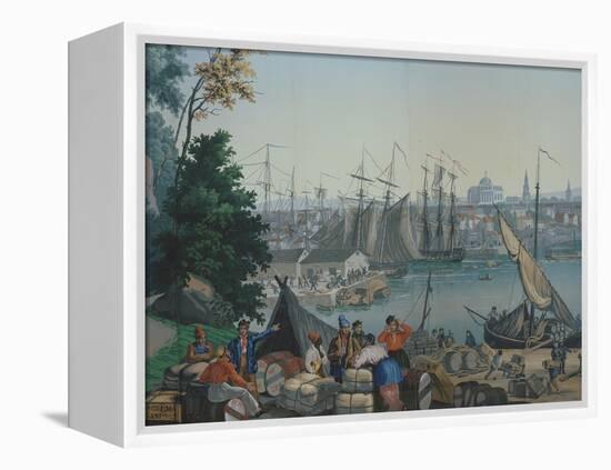The Port of Boston in the United States of America, Painted Wallpaper, Made by Zuber at Mulhouse-null-Framed Premier Image Canvas