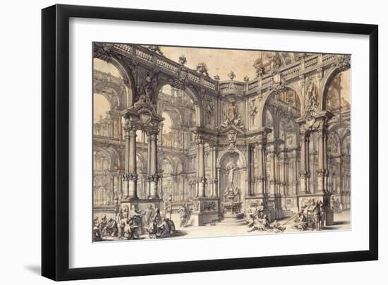 The Portico of an Italian Palace with a Fountain Decorated with a Statue of Fortune-Giuseppe Bibiena-Framed Giclee Print