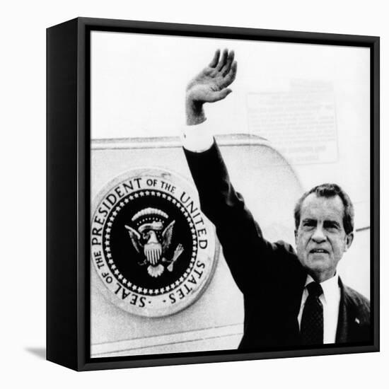 The Presidental Seal at Shoulder for Last Time, Pres Richard Nixon Exits Washington, Aug 9, 1974-null-Framed Stretched Canvas