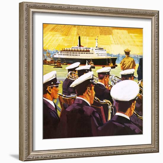 The Qe2 Arriving in the Port of New York on Manhattan Island-English School-Framed Giclee Print