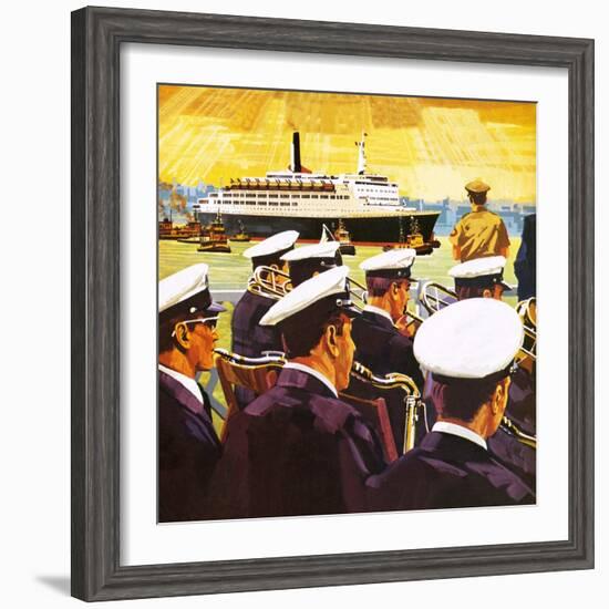 The Qe2 Arriving in the Port of New York on Manhattan Island-English School-Framed Giclee Print