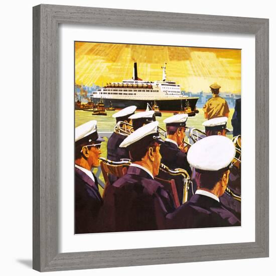 The Qe2 Arriving in the Port of New York on Manhattan Island-English School-Framed Giclee Print