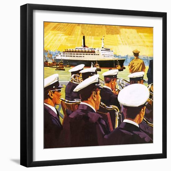 The Qe2 Arriving in the Port of New York on Manhattan Island-English School-Framed Giclee Print