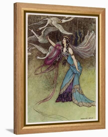 The Queen and the Six Swans-Warwick Goble-Framed Stretched Canvas