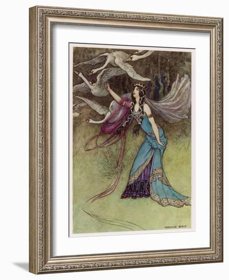 The Queen and the Six Swans-Warwick Goble-Framed Art Print