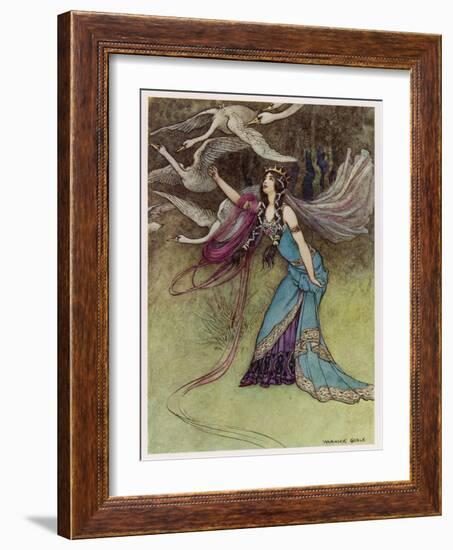 The Queen and the Six Swans-Warwick Goble-Framed Art Print