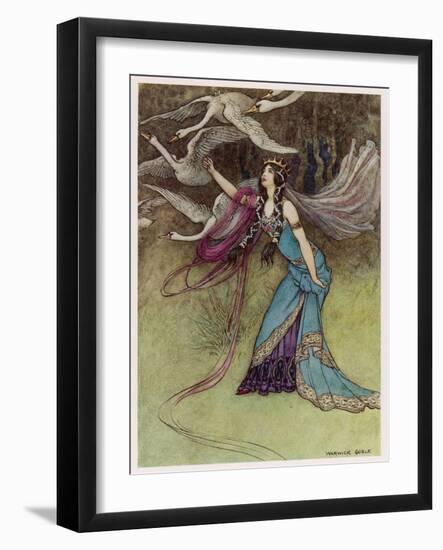 The Queen and the Six Swans-Warwick Goble-Framed Art Print