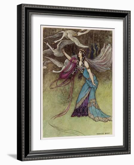 The Queen and the Six Swans-Warwick Goble-Framed Art Print