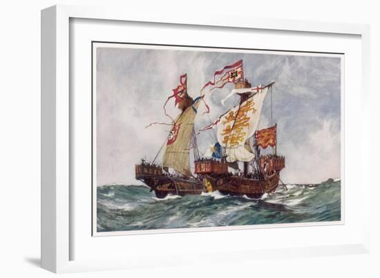 The "Queen" Defeats a Portuguese Ship Running Supplies to the French-Charles Dixon-Framed Art Print