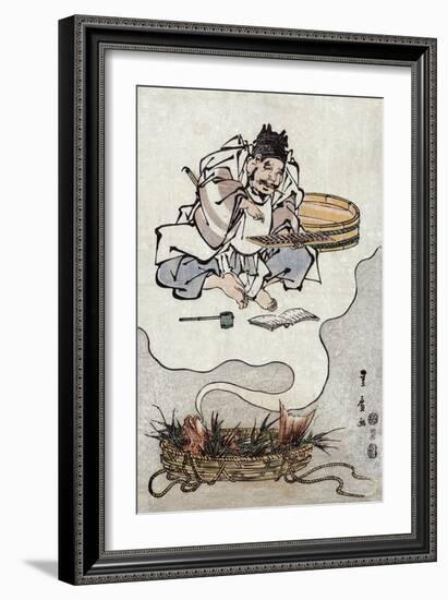 The Red Snapper's Dream: Ebisu Using an Abacus, Japanese Wood-Cut Print-Lantern Press-Framed Art Print