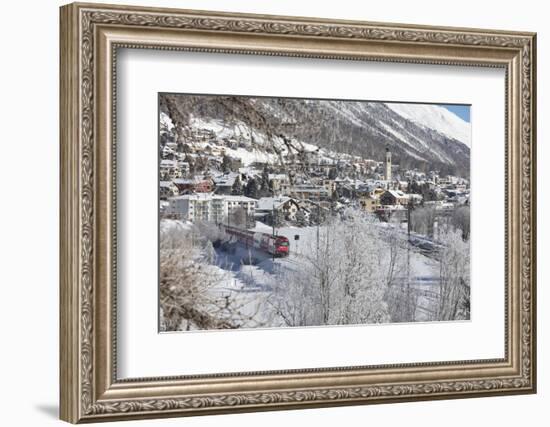 The red train runs across the snowy landscape around Samedan, Maloja, Canton of Graubunden, Engadin-Roberto Moiola-Framed Photographic Print