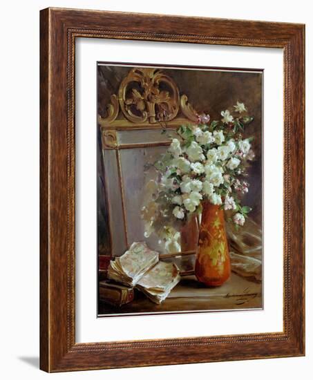 The Red Vase Still Life with Mirror, Bouquet of Flowers and Book. Painting by Madeleine Lemaire (18-Madeleine Lemaire-Framed Giclee Print