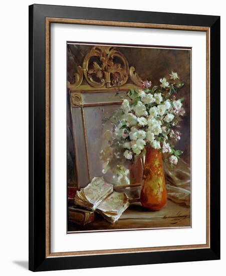 The Red Vase Still Life with Mirror, Bouquet of Flowers and Book. Painting by Madeleine Lemaire (18-Madeleine Lemaire-Framed Giclee Print