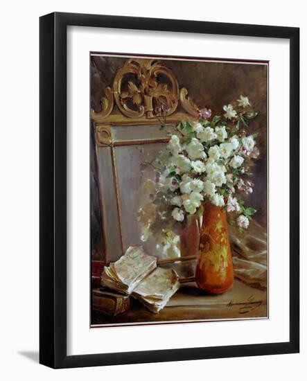 The Red Vase Still Life with Mirror, Bouquet of Flowers and Book. Painting by Madeleine Lemaire (18-Madeleine Lemaire-Framed Giclee Print