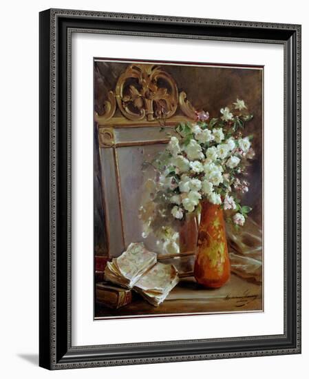 The Red Vase Still Life with Mirror, Bouquet of Flowers and Book. Painting by Madeleine Lemaire (18-Madeleine Lemaire-Framed Giclee Print