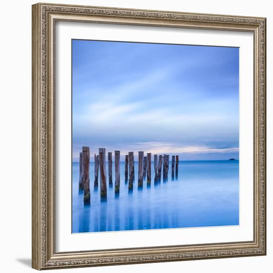 The Remains of an Old Jetty on the Beach Near Dunedin, New Zealand, Just before Dawn, Square-Travellinglight-Framed Photographic Print