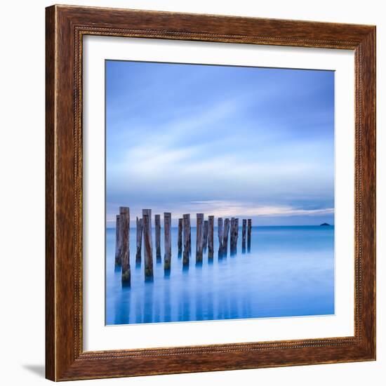 The Remains of an Old Jetty on the Beach Near Dunedin, New Zealand, Just before Dawn, Square-Travellinglight-Framed Photographic Print