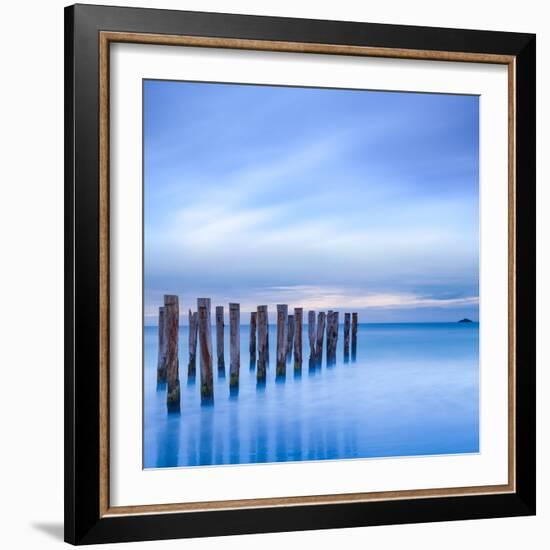 The Remains of an Old Jetty on the Beach Near Dunedin, New Zealand, Just before Dawn, Square-Travellinglight-Framed Photographic Print