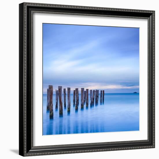 The Remains of an Old Jetty on the Beach Near Dunedin, New Zealand, Just before Dawn, Square-Travellinglight-Framed Photographic Print