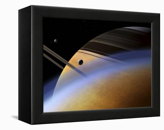 The Ringed Giant Saturn Rises Above the Haze of Titan-Stocktrek Images-Framed Premier Image Canvas