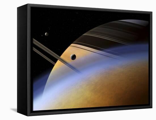 The Ringed Giant Saturn Rises Above the Haze of Titan-Stocktrek Images-Framed Premier Image Canvas